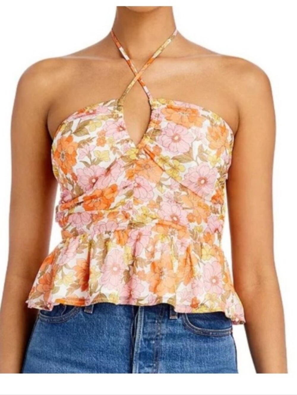 Aqua Retro Floral Halter Peplum Top in Pink and Orange